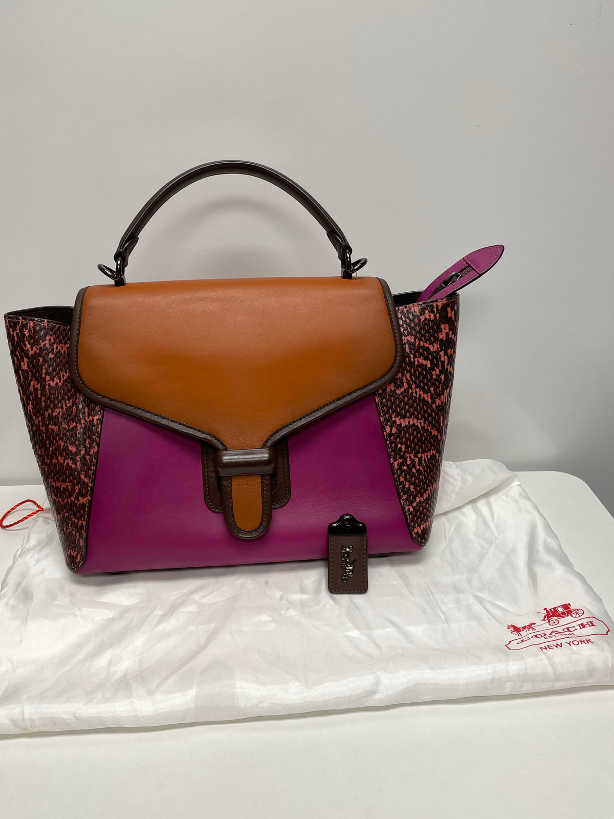 Coach Handbag Hibiscus Multi Fuchsia Courier 1941 Carryall Colorblock 2019 w/dust bag As is: missing long strap and ball chain
