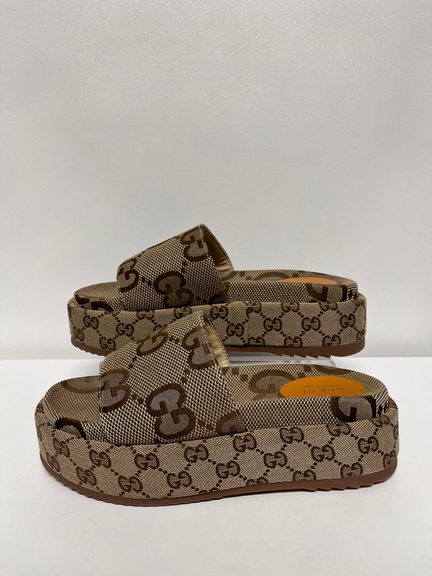 Gucci Sandals Beige & Brown Platform Slides 39 GG Logo 9