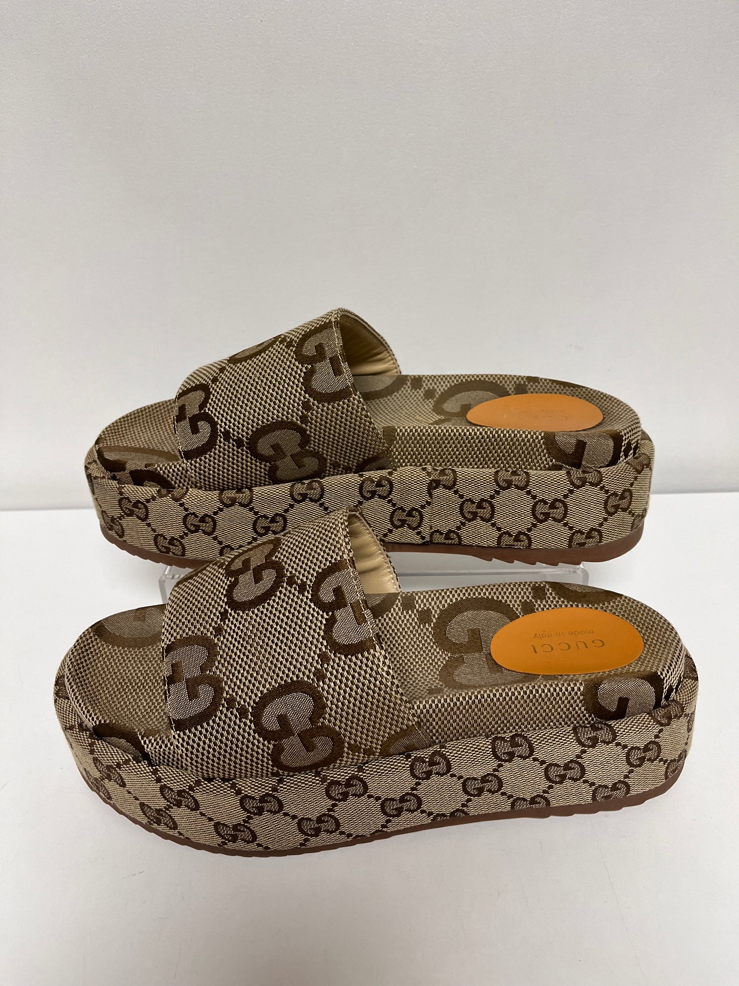 Gucci Sandals Beige & Brown Platform Slides 39 GG Logo 9