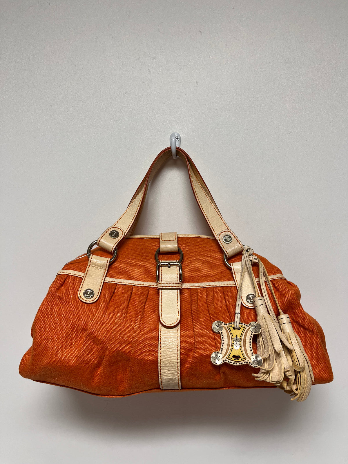 Celine Handbag Orange Vintage Canvas Triomphe Pleated Tassel Y2K