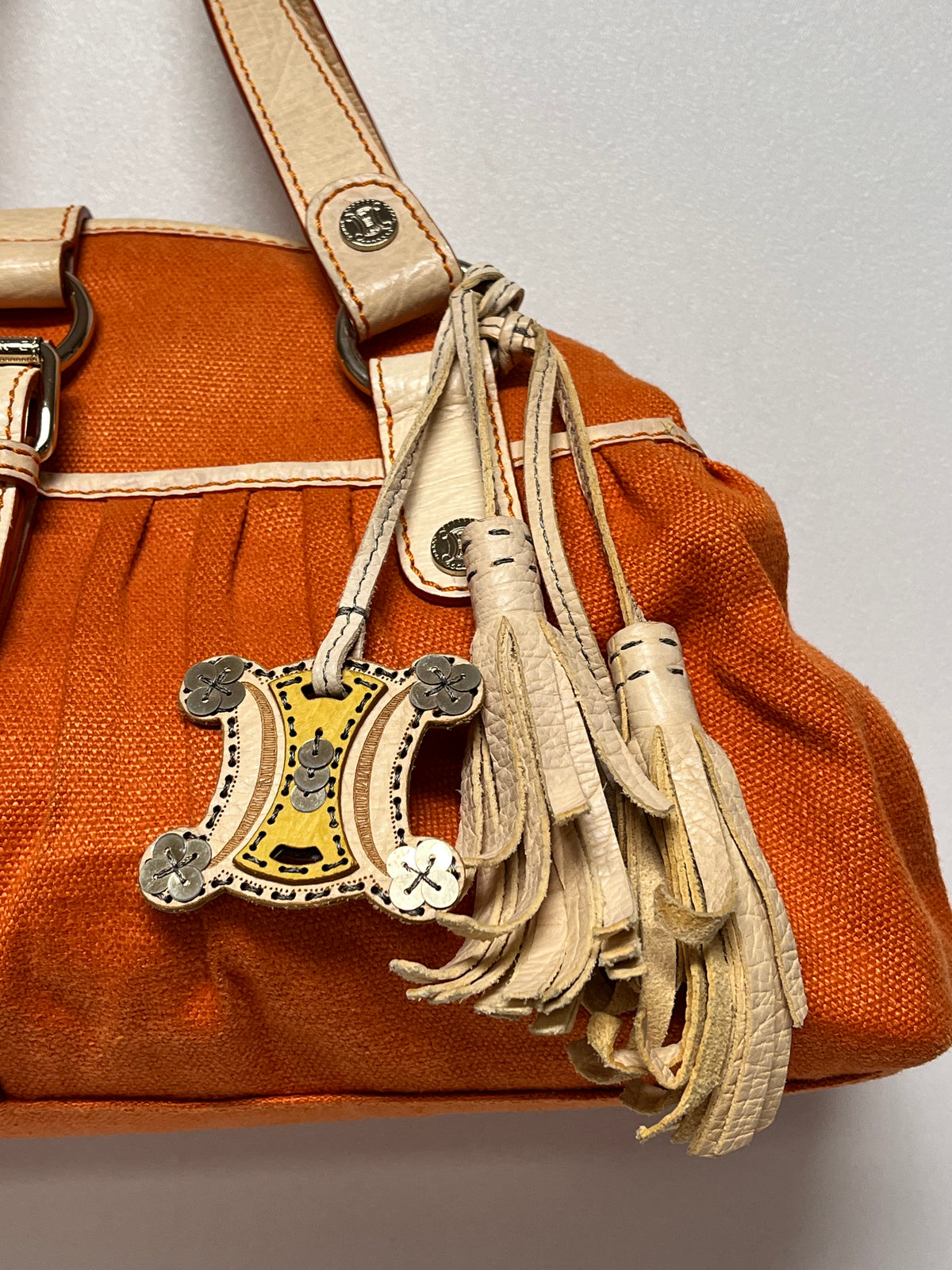 Celine Handbag Orange Vintage Canvas Triomphe Pleated Tassel Y2K
