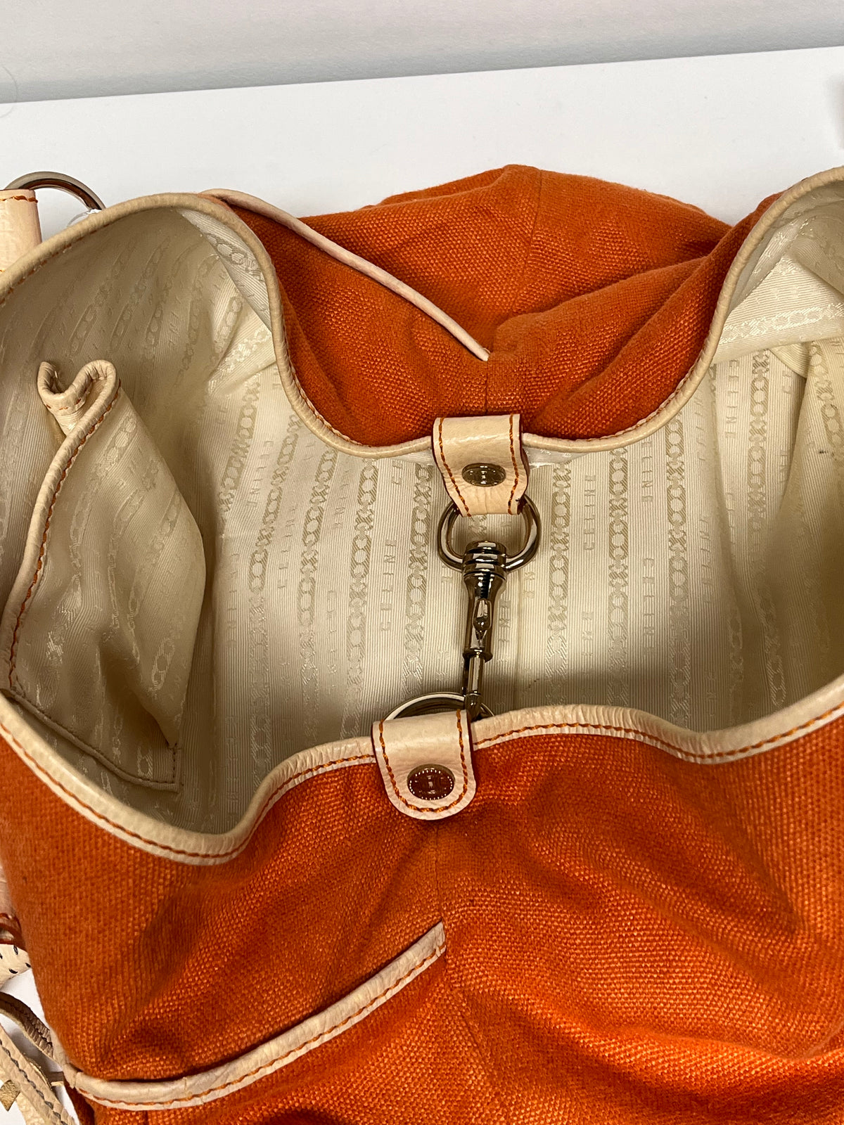 Celine Handbag Orange Vintage Canvas Triomphe Pleated Tassel Y2K