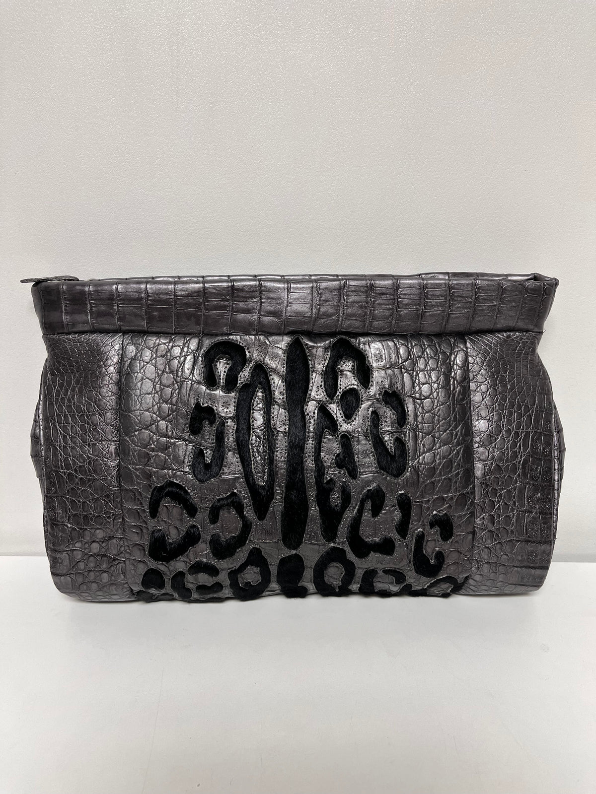 Nancy Gonzalez Clutch Silver Metallic Crocodile w/ Black Velvet Leopard