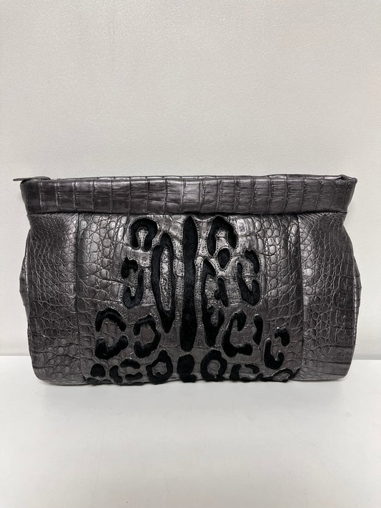 Nancy Gonzalez Clutch Silver Metallic Crocodile w/ Black Velvet Leopard
