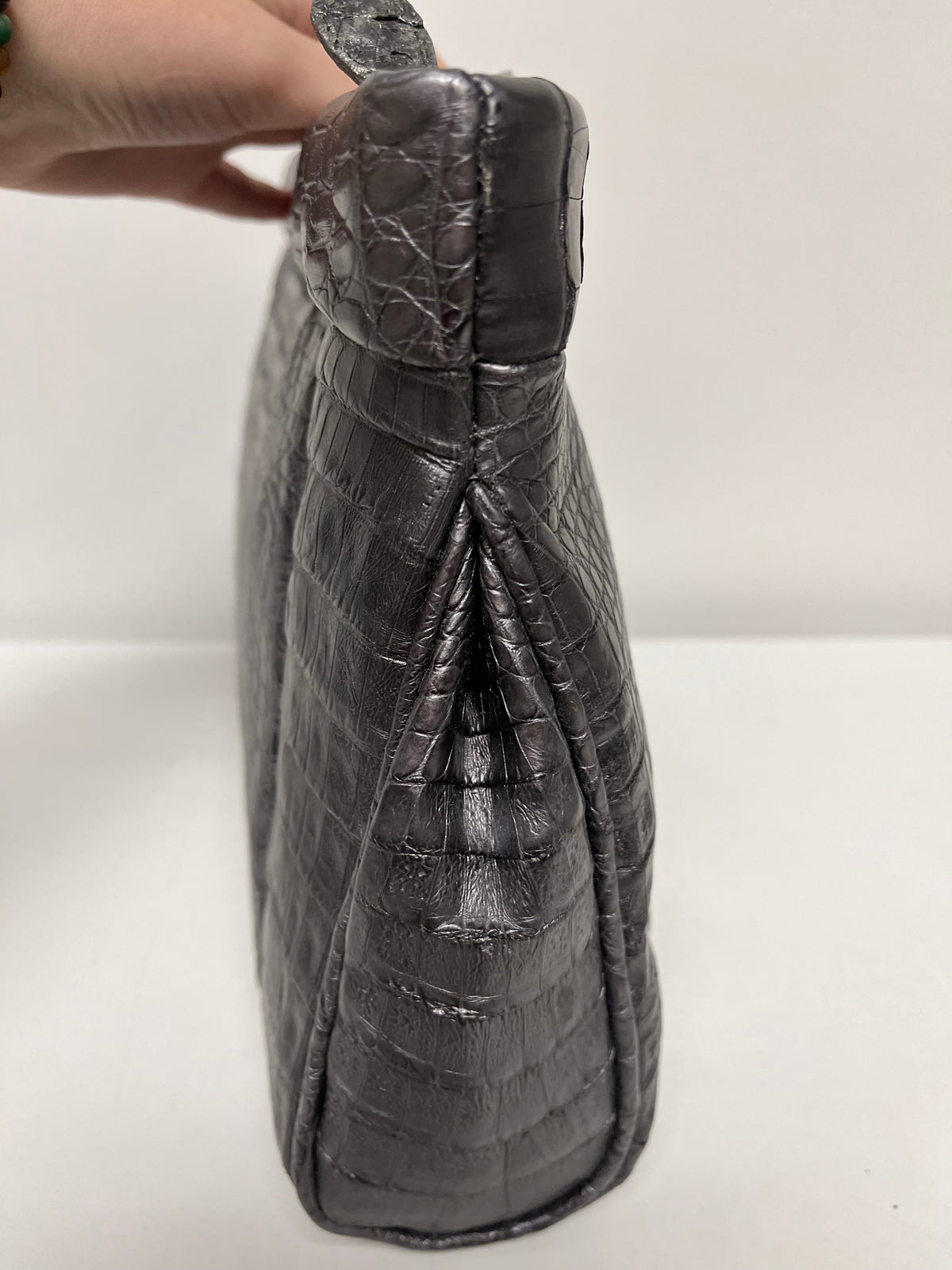 Nancy Gonzalez Clutch Silver Metallic Crocodile w/ Black Velvet Leopard