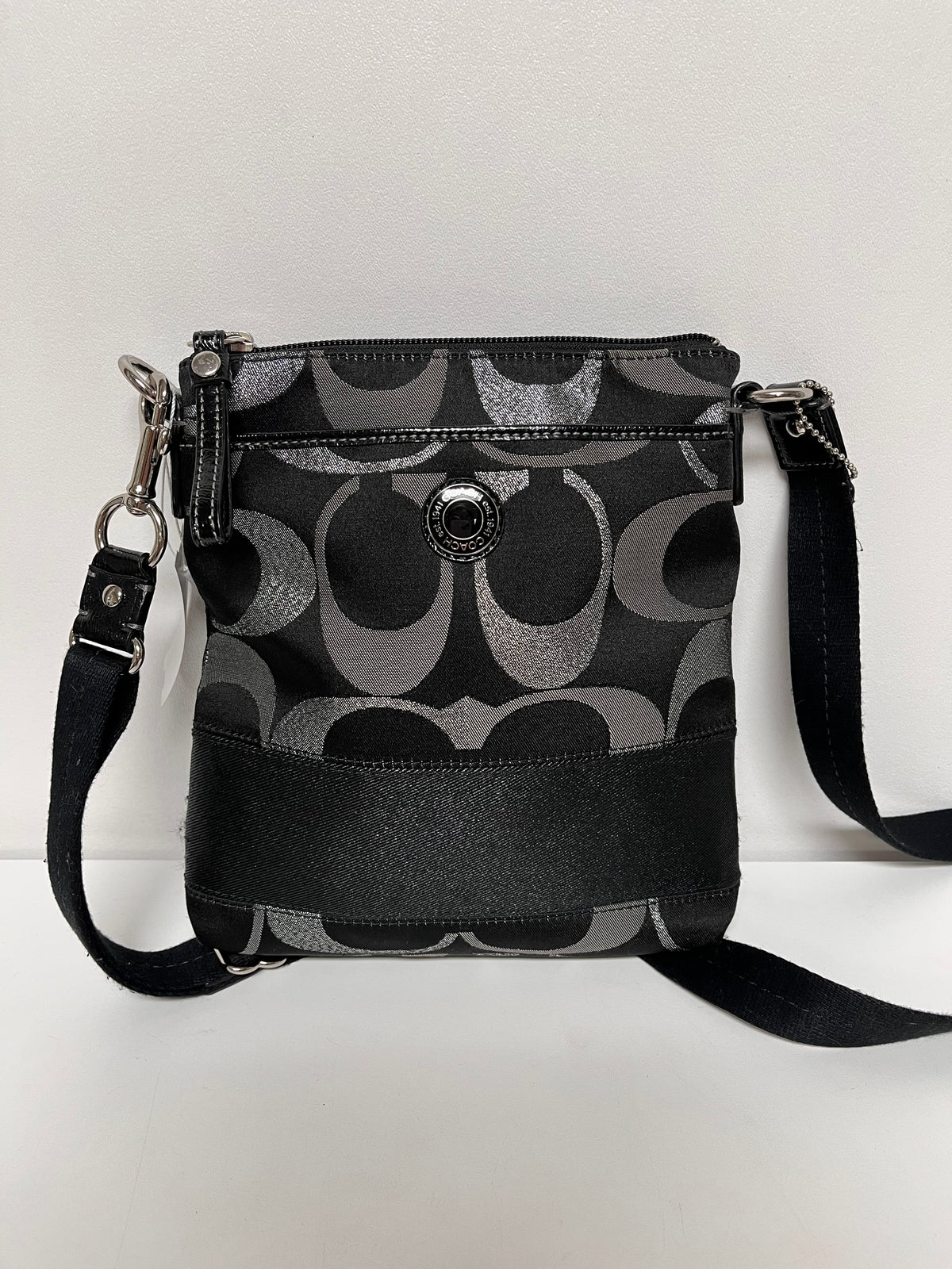 Coach Crossbody Black & Silver Signature Canvas