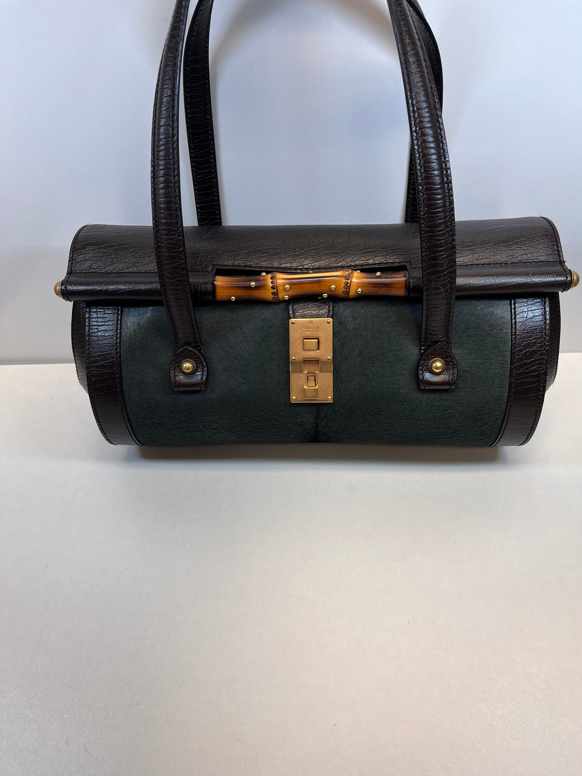Gucci Handbag Brown and Dark Green Vintage Bullet Bag Tom Ford Era East-West