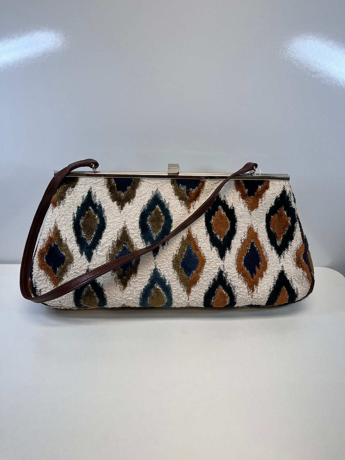 Glenda Gies Handbag Cream & Green Jade & Camel Eye Cat Ikat Clutch