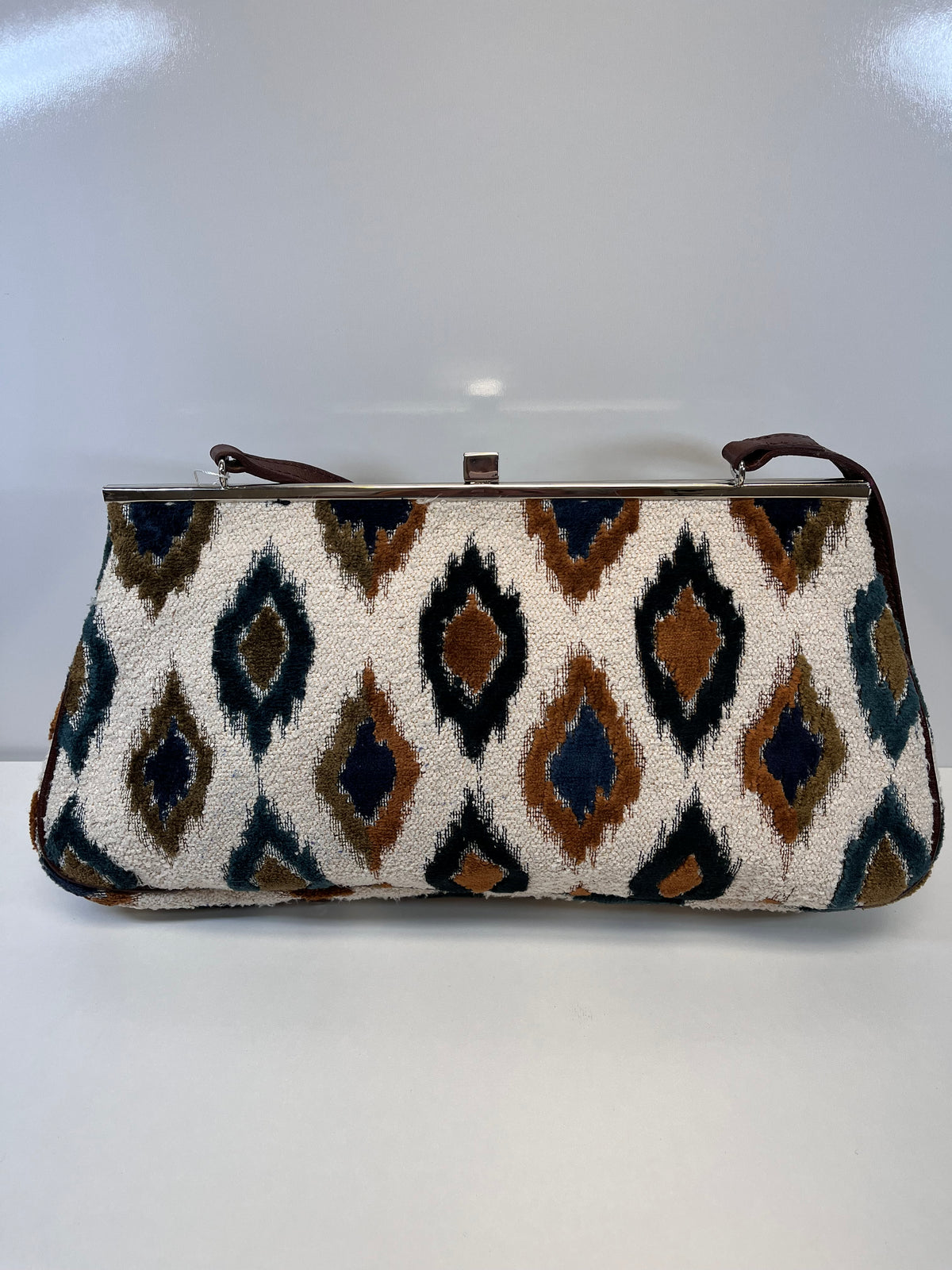 Glenda Gies Handbag Cream & Green Jade & Camel Eye Cat Ikat Clutch