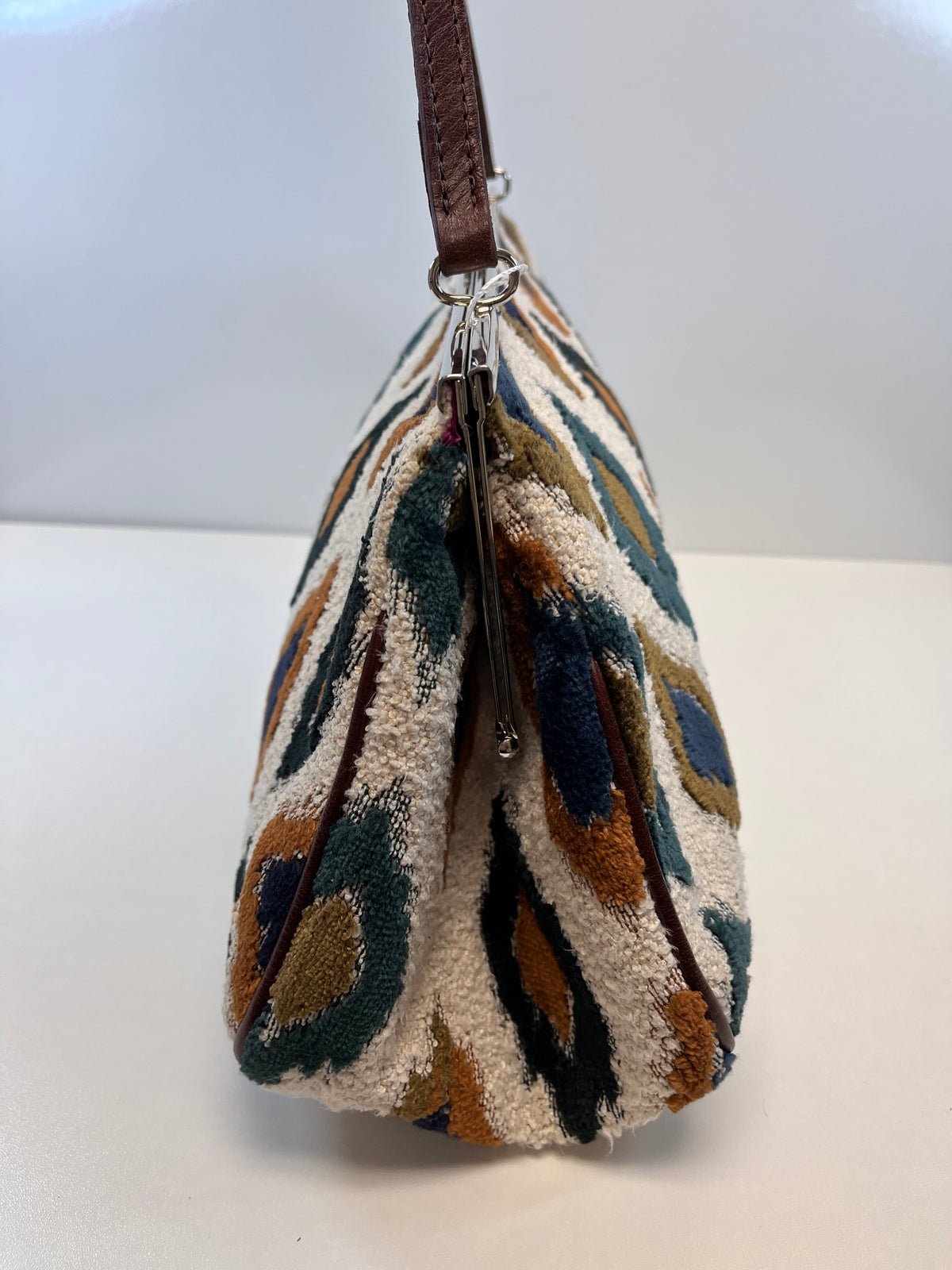 Glenda Gies Handbag Cream & Green Jade & Camel Eye Cat Ikat Clutch