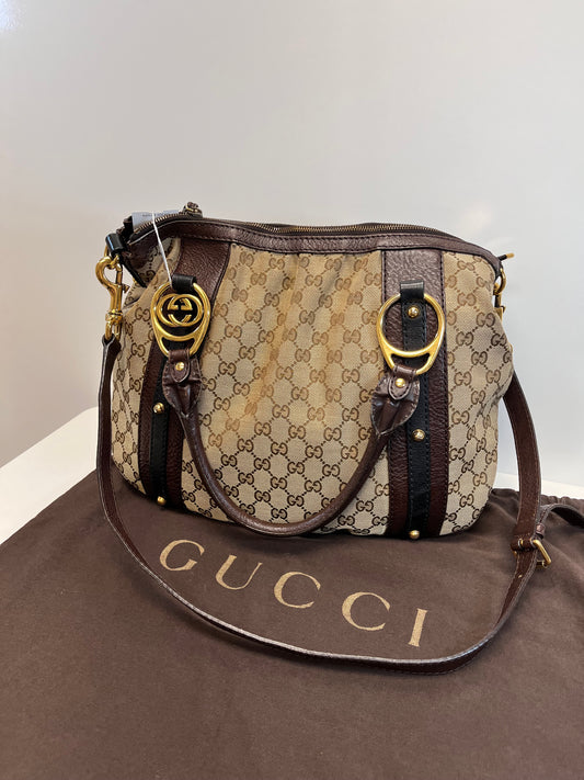 Gucci Handbag Brown & Black GG Canvas Shoulder Bag Hobo
