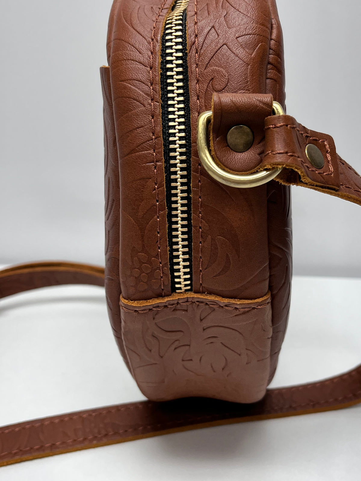 Portland Leather Goods Crossbody Brown Meadow Circle Floral-Tooled