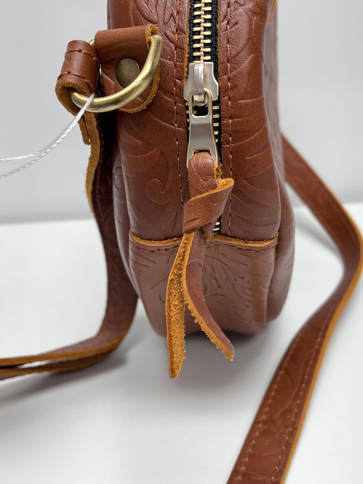 Portland Leather Goods Crossbody Brown Meadow Circle Floral-Tooled